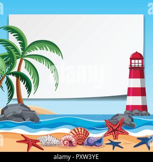 Border template with lighthouse and shells illustration Stock Vector