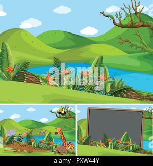 Mountain scenes with many animals illustration Stock Vector