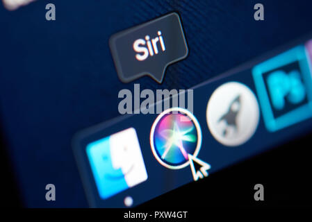 New york, USA - october 23, 2018: Icon of siri in Mojave OS on laptop screen close up view Stock Photo