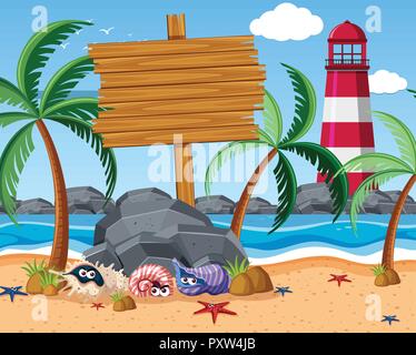 Wooden sign on the beach with starfish and hermit crabs illustration Stock Vector