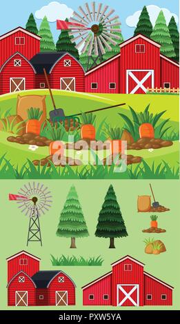 Farm scene with red barns and turbines illustration Stock Vector Image ...