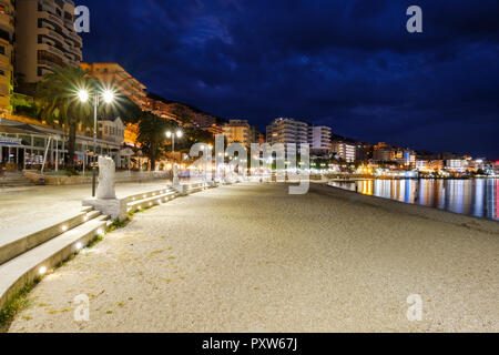 Albania, Vlore County, Saranda, beach at blue hour Stock Photo