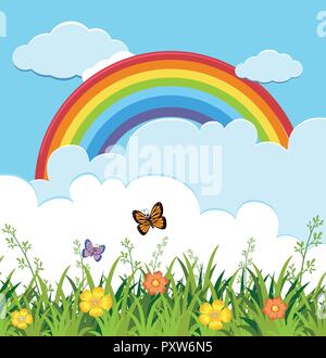 Garden scene with butterflies and rainbow illustration Stock Vector