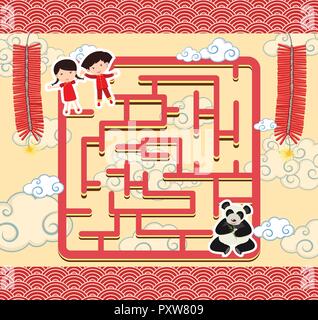 Puzzle game template with chinese kids and panda illustration Stock Vector