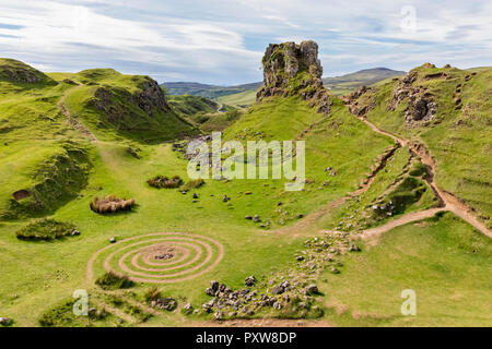 UK, Scotland, Inner Hebrides, Isle of Skye, Trotternish, Balnacnoc, Fairy Glen and Castle Ewen Stock Photo