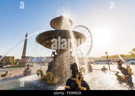 France, Paris, Place de la Concorde, Fountain and Luxor Obelisk Stock Photo