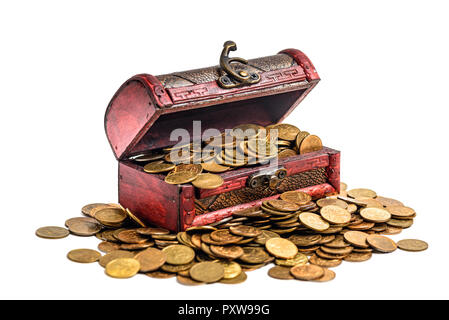 Treasure chest with golden coins isolated on white. Work path Stock Photo