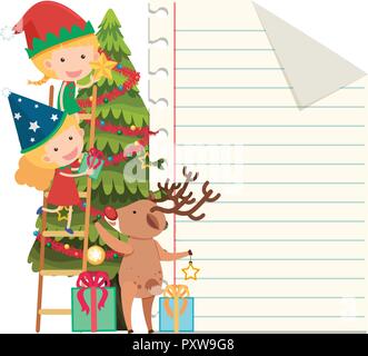 Paper template with kids decorating christmas tree illustration Stock Vector