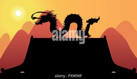 Silhouette Dragon with Mountain Background illustration Stock Vector