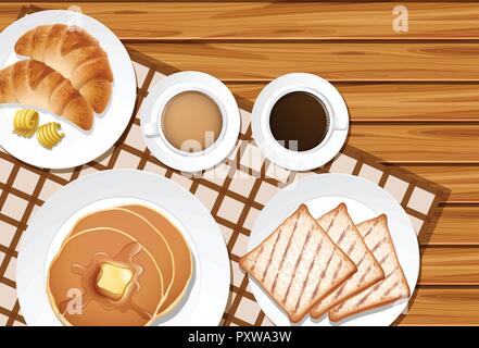 Different menu for breakfast on wooden table illustration Stock Vector