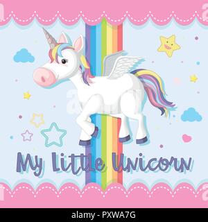 Poster design with unicorn and rainbow in sky illustration Stock Vector