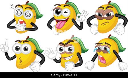 Yellow mangoes with six different faces illustration Stock Vector
