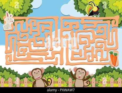 Maze game template with wild animals illustration Stock Vector