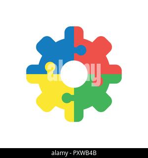 Vector illustration icon concept of four pieces jigsaw puzzle pieces gear connected. Stock Vector