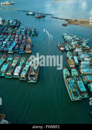 Indonesia, Bali, Harbour, Aerial view of old ships Stock Photo