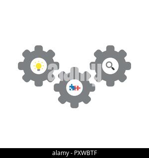 Vector illustration icon concept of gears with light bulb, connected puzzle pieces and magnifying glass. Stock Vector