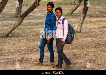AGRA, INDIA - NOVEMBER 8, 2017: Two male Indian friends walk outside Stock Photo