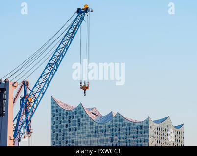 Germany, Hamburg, Elbe philharmonic hall with harbour crane in the foreground Stock Photo