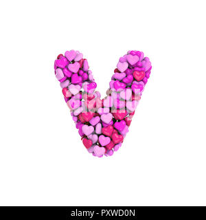 Valentine letter V - Lowercase 3d pink hearts font isolated on white background. This alphabet is perfect for creative illustrations related but not l Stock Photo