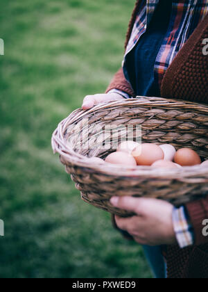 Woman's hands holding basket of fresh brown eggs Stock Photo