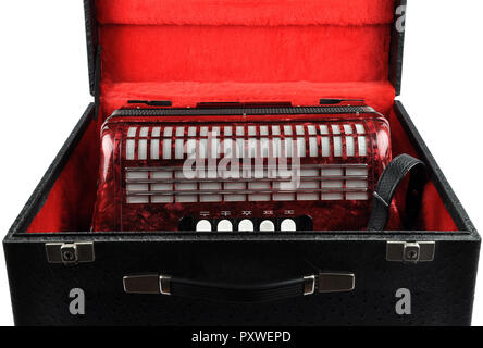 Accordion in portable case on white background Stock Photo