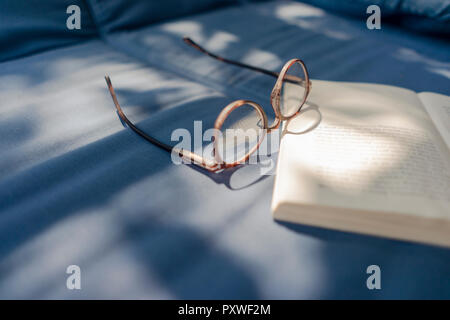 Eyeglasses and book lying on couch Stock Photo