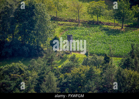 Fine art color idyllic landscape countryside image of a lookout on a green field surrounded by a forest in vintage / retro style Stock Photo