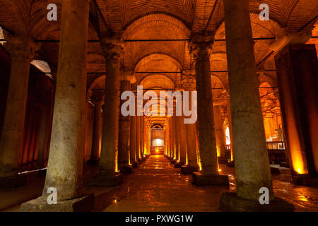 Istanbul, Turkey - August 15, 2018: Illuminated columns of the Basilica Cistern on  August 15, 2018, in Istanbul, Turkey. Stock Photo