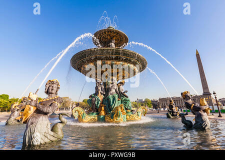 France, Paris, Place de la Concorde, Fountain and Luxor Obelisk Stock Photo