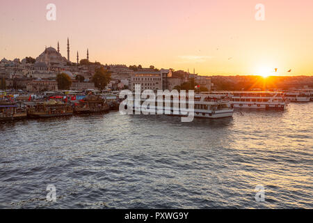 A beautiful view of the Golden Horn and the Suleymaniye Mosque at sunset in Istanbul, Turkey Stock Photo