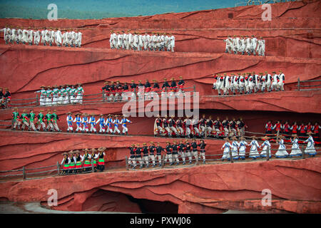 Lijiang Impression stage show held on daily basis with natural Jade Snow Mountain in the background. The show was directed by Zhang Yimou. Stock Photo