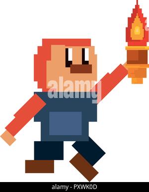 character with torch pixel video game vector illustration Stock Vector ...