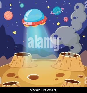 UFO Flying Over Moon in Galaxy illustration Stock Vector