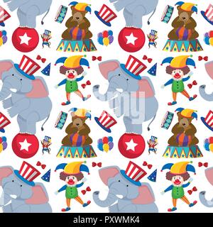 Seamless background with clown and circus animals illustration Stock Vector