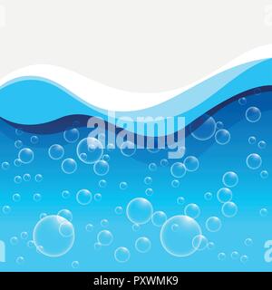 Background template with blue waves and bubbles illustration Stock Vector