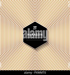Abstract gold color hexagons lines pattern background with black hexagon text box design on white background. Vector illustration Stock Vector