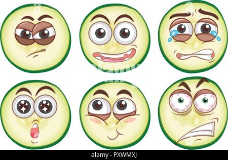 Different facial expressions on cucumber illustration Stock Vector