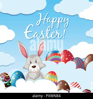 Cute bunny and eggs on the clouds for easter illustration Stock Vector