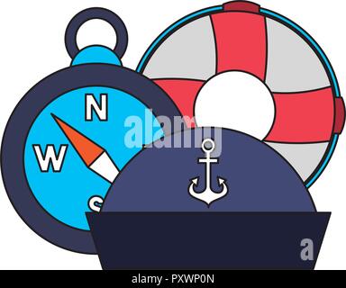 hat compass and lifebuoy equipment nautical vector illustration image Stock Vector