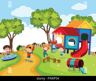 Kids playground in the park with rainbow in the sky at daytime cartoon  style illustration Stock Vector Image & Art - Alamy