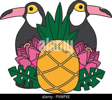 toucan birds pineapple flower tropical summer vector illustration Stock Vector