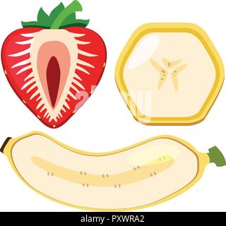 Banana and strawberry cut in half illustration Stock Vector