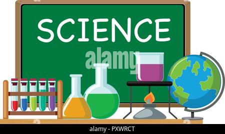 Word science on green board and science equipments illustration Stock Vector