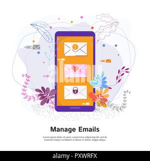 Manage emails concept. Touch screen phone with a list of incoming letters Stock Vector