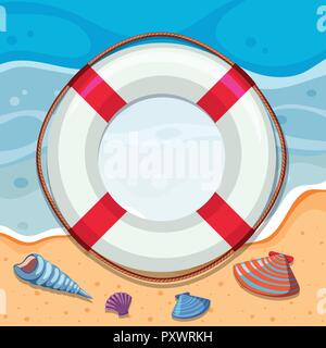 Round border with seashells on beach illustration Stock Vector