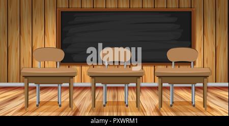 Classroom scene with wooden desks and chairs illustration Stock Vector