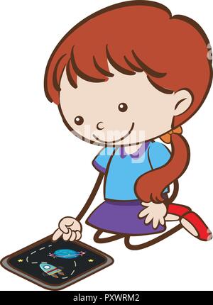Doodle Kid Playing Tablet on White Background illustration Stock Vector