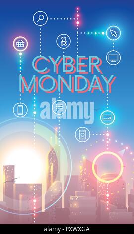 Cyber Monday concept banner in futuristic style. City landscape in sun rays. Icons of internet or online store connection each other. Sign of discounted event. Vector web doodle. Stock Vector