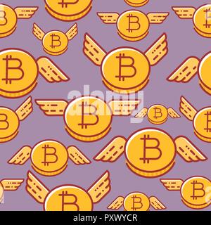 Bitcoins with wings, seamless vector pattern, flat design style Stock Vector