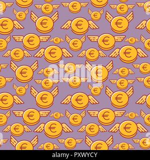 Euro coins with wings, seamless vector pattern, flat line design style Stock Vector